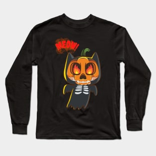 Halloween Scary Evil Cat Funny Pumpkin Head Long Sleeve T-Shirt